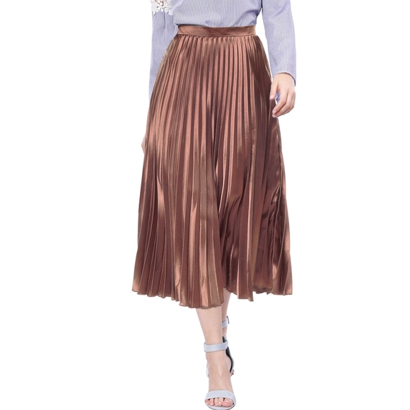 Mauve Midi Pleated Skirt Elastic Waist Metallic Women's Medium Flowy Pink EUC - Picture 1 of 5